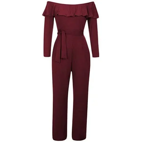 Women's Ruffled Overlay Off Shoulder Wide Leg Long Sleeves Jumpsuit with Belt L - Picture 4 of 6
